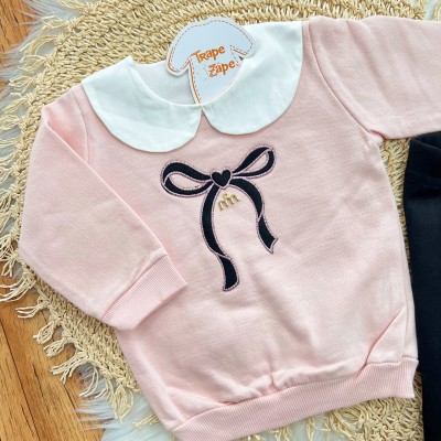 Conj. Blusa de Moletom Laço Bordado e Calça Legging - Rosa